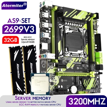 Материнская плата Atermiter X99 AS9 в комплекте с процессором Xeon E5 2699 V3 LGA 2011-3 2шт X 16 ГБ = 32 ГБ 3200 МГц оперативной памяти DDR4 REG ECC