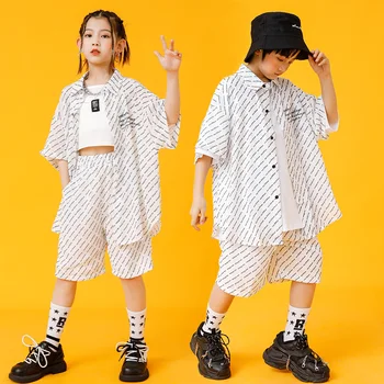 Детская свободная одежда в стиле хип-хоп, белая рубашка с принтом, топ с коротким рукавом, уличная одежда, шорты для девочек и мальчиков, одежда для джазовых танцев