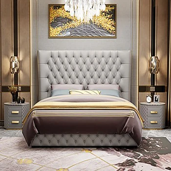 Легкая роскошная кровать с кнопками в итальянском стиле, современная и простая двуспальная кровать с высоким ящиком для хранения, главная спальня, большая квартира
