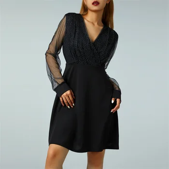 2022 Новое Женское Короткое платье в стиле Пэчворк из сетки с блестками, Модное Сексуальное Прозрачное платье с длинным рукавом и глубоким V-образным вырезом, расшитое пайетками до бедер.