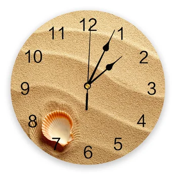Морская Раковина Песок Декоративные Круглые Настенные Часы С Арабскими Цифрами Дизайн Не Тикающие Настенные Часы Большие Для Спален Ванной Комнаты
