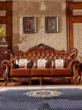 Европейский кожаный диван 123 комбинации, гостиная из массива дерева в американском стиле, роскошная вилла в стиле ретро, роскошный кожаный диван в полном комплекте
