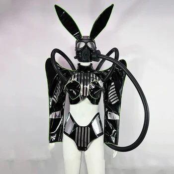 Танцевальные костюмы Gogo, технический черный топ из лазерной кожи с развевающимися плечами, шорты, женская одежда для танцоров на шесте, сценический фестивальный наряд XS5893
